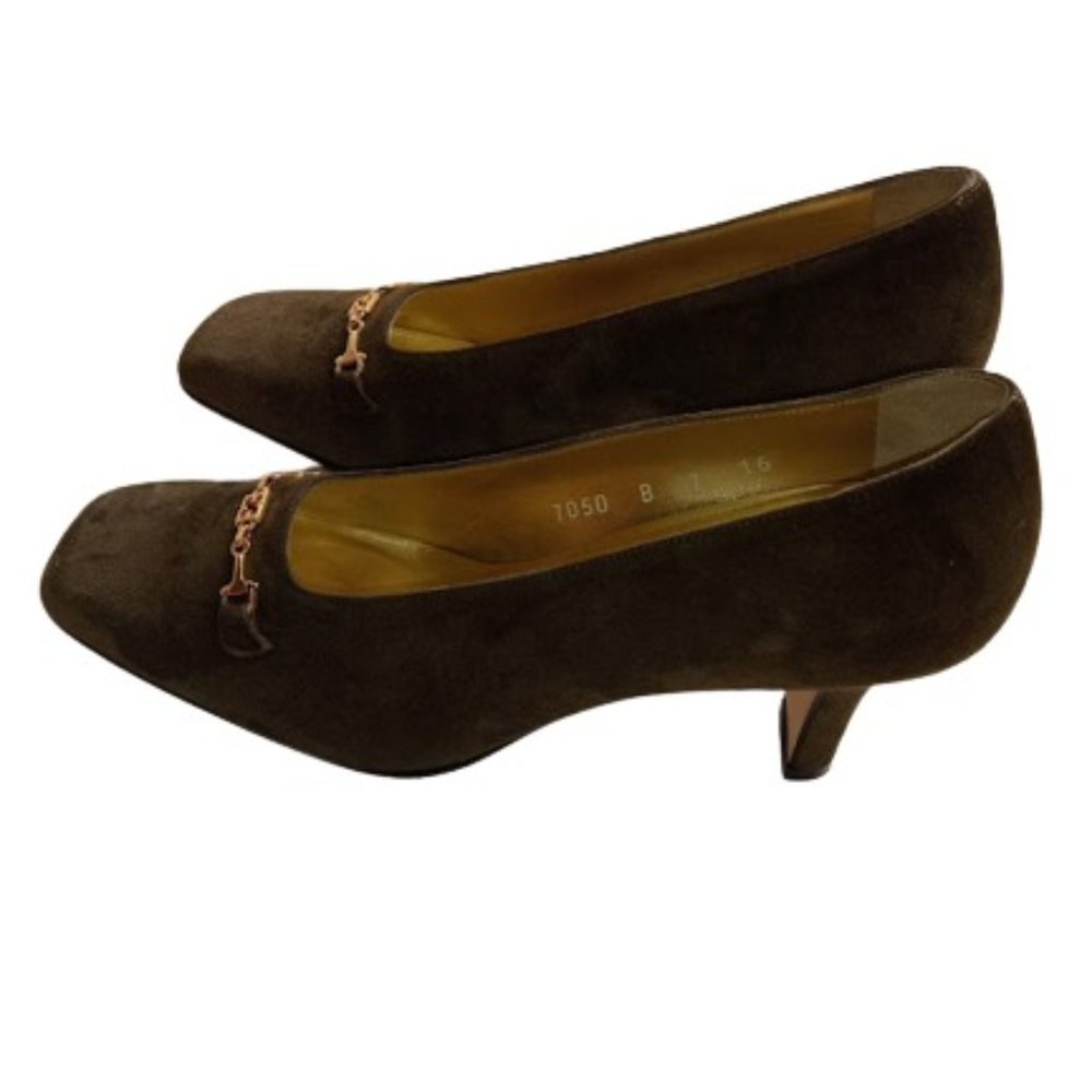 Vintage ESCADA  Womens Pumps Olive Green Suede Gold Logo Horsebit Low Heel 7M